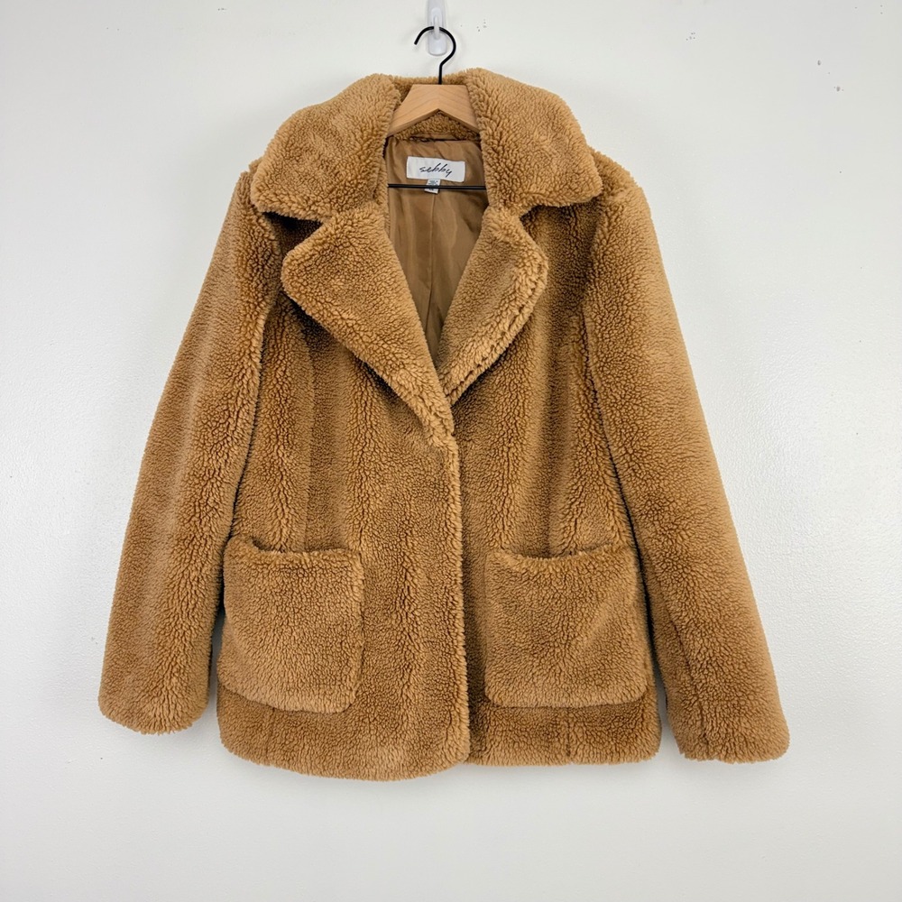 Sebby Faux Fur‎ Teddy Coat Jacket Womens Large Camel Tan Brown Soft Sherpa Cozy